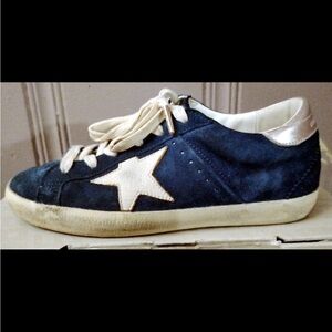 Golden Goose Navy Suede Sneakers with White Star and Cream Laces